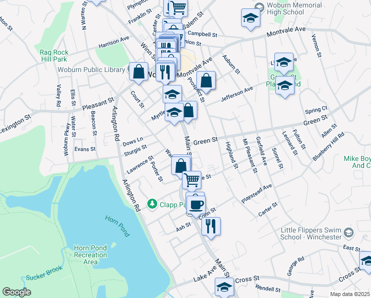 map of restaurants, bars, coffee shops, grocery stores, and more near 216 Main Street in Woburn