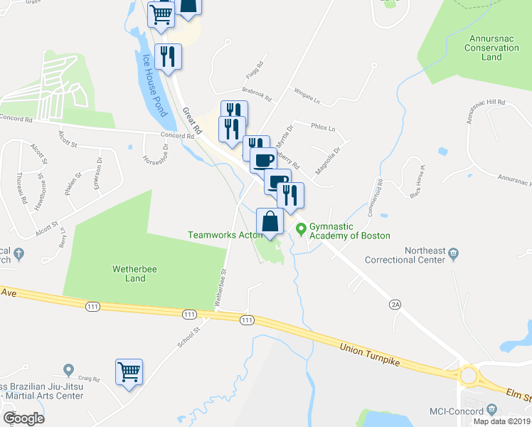 map of restaurants, bars, coffee shops, grocery stores, and more near 38 Great Road in Acton