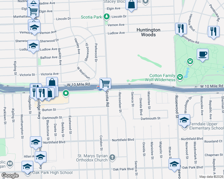 map of restaurants, bars, coffee shops, grocery stores, and more near 1651 Livernois Street in Ferndale