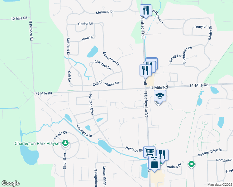 map of restaurants, bars, coffee shops, grocery stores, and more near 61254 Greenwood Drive in South Lyon
