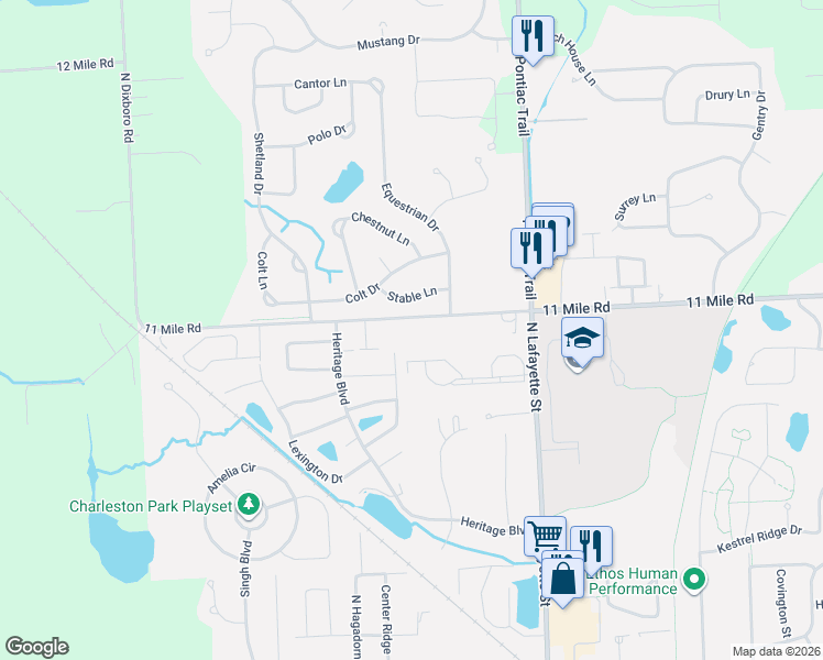 map of restaurants, bars, coffee shops, grocery stores, and more near 61254 Greenwood Drive in South Lyon