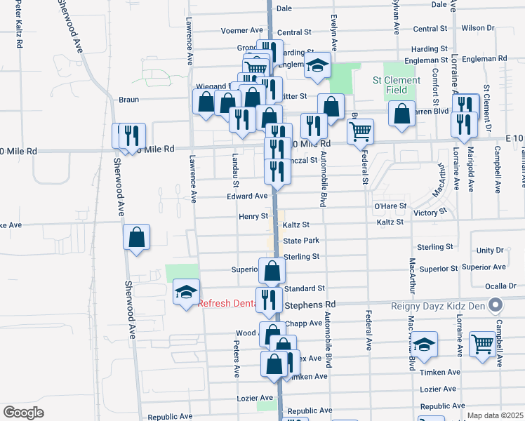 map of restaurants, bars, coffee shops, grocery stores, and more near 7562 Henry Street in Center Line