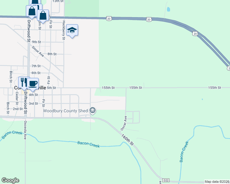map of restaurants, bars, coffee shops, grocery stores, and more near 1101-1399 Megans Way in Correctionville