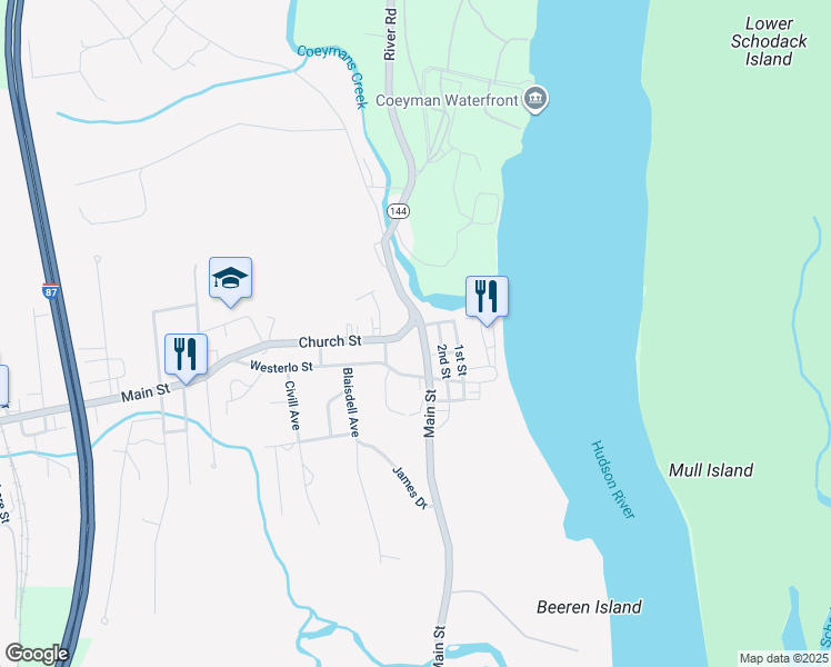 map of restaurants, bars, coffee shops, grocery stores, and more near 95 Main Street in Ravena