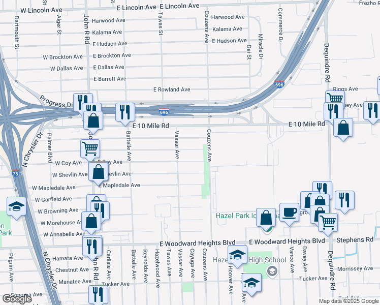 map of restaurants, bars, coffee shops, grocery stores, and more near 985 East Coy Avenue in Hazel Park