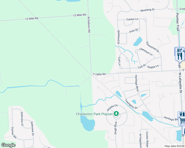 map of restaurants, bars, coffee shops, grocery stores, and more near 62959 11 Mile Road in South Lyon
