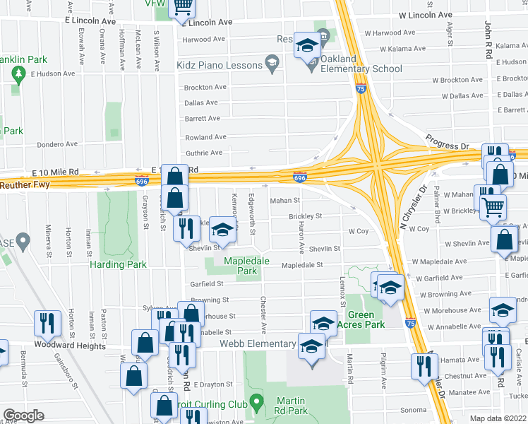 map of restaurants, bars, coffee shops, grocery stores, and more near 2104 Brickley Street in Ferndale