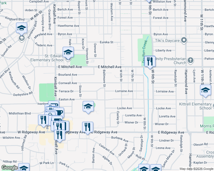 map of restaurants, bars, coffee shops, grocery stores, and more near 621 Lorraine Ave in Waterloo