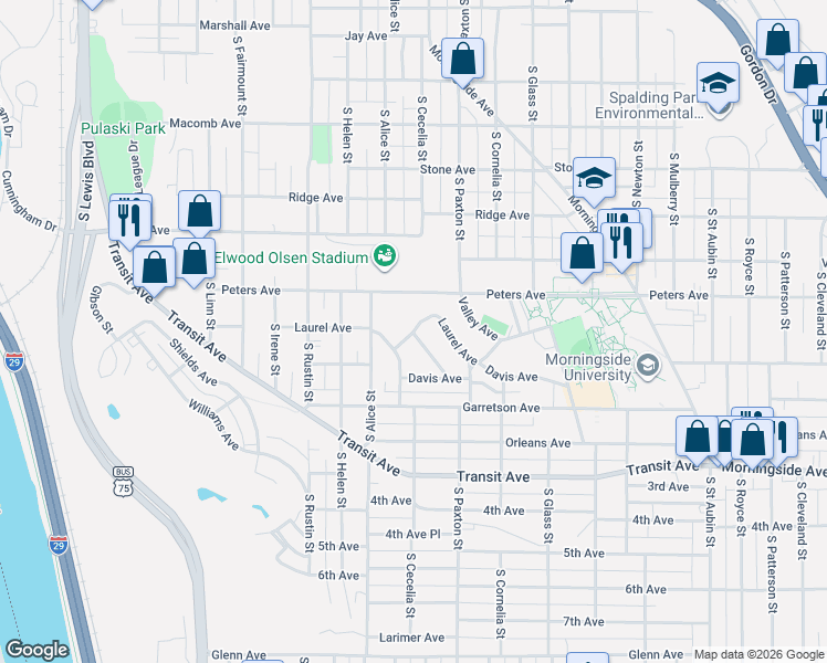 map of restaurants, bars, coffee shops, grocery stores, and more near 3200 Laurel Avenue in Sioux City