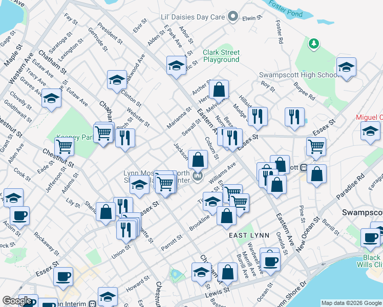 map of restaurants, bars, coffee shops, grocery stores, and more near 29 Jackson Street in Lynn