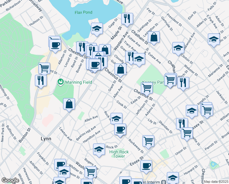 map of restaurants, bars, coffee shops, grocery stores, and more near 44 Allen Avenue in Lynn