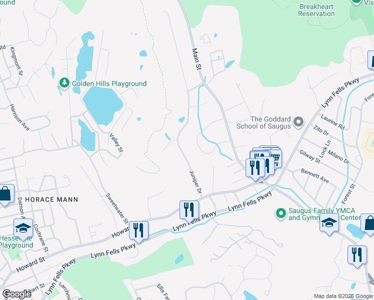 map of restaurants, bars, coffee shops, grocery stores, and more near 20 Juniper Drive in Saugus