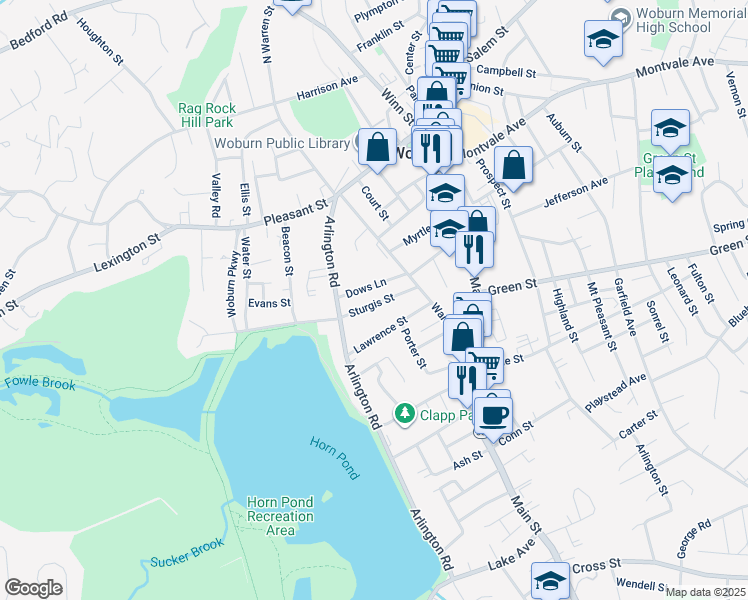 map of restaurants, bars, coffee shops, grocery stores, and more near 22 Sturgis Street in Woburn