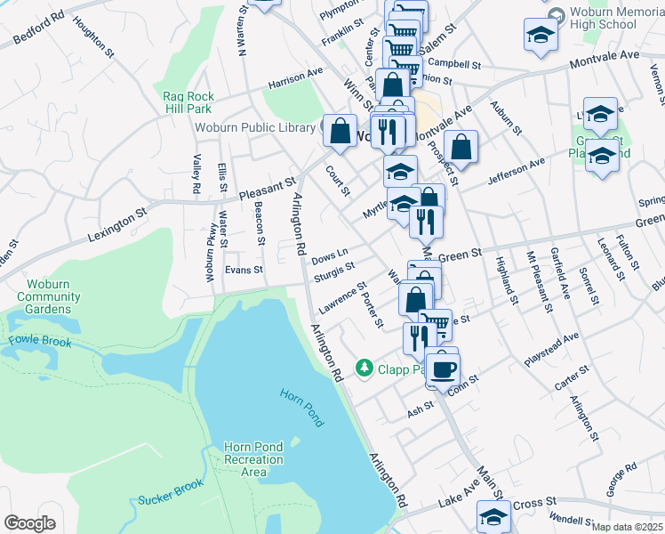 map of restaurants, bars, coffee shops, grocery stores, and more near 22 Sturgis Street in Woburn