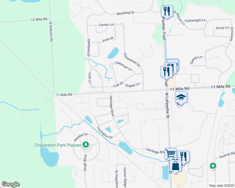 map of restaurants, bars, coffee shops, grocery stores, and more near 61725 11 Mile Road in South Lyon
