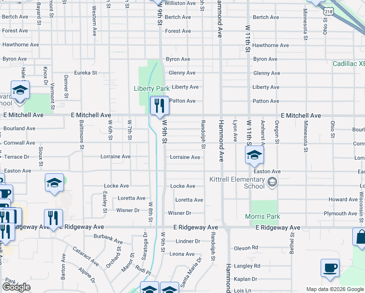 map of restaurants, bars, coffee shops, grocery stores, and more near 1121 Lorraine Avenue in Waterloo