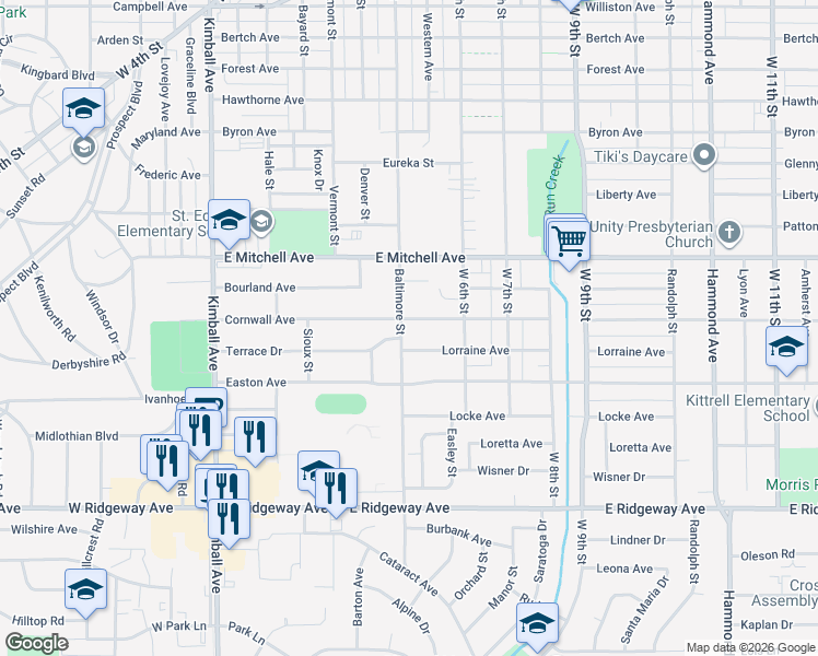 map of restaurants, bars, coffee shops, grocery stores, and more near 621 Lorraine Ave in Waterloo