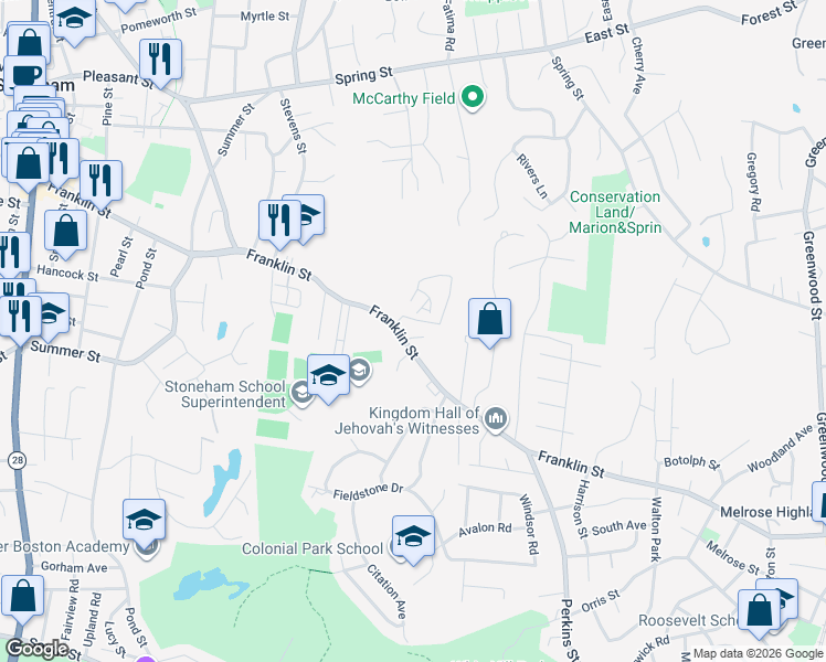 map of restaurants, bars, coffee shops, grocery stores, and more near 170 Franklin Street in Stoneham