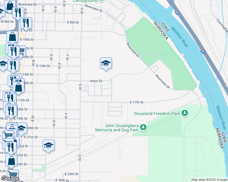 map of restaurants, bars, coffee shops, grocery stores, and more near 1518 Autumn Olive Lane in South Sioux City