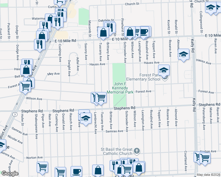 map of restaurants, bars, coffee shops, grocery stores, and more near 24309 Brittany Avenue in Eastpointe