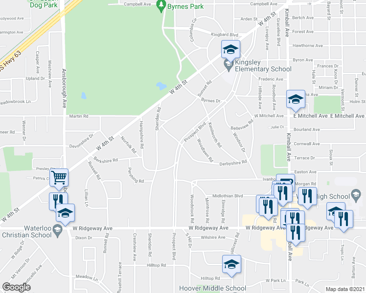 map of restaurants, bars, coffee shops, grocery stores, and more near 451 Derbyshire Road in Waterloo