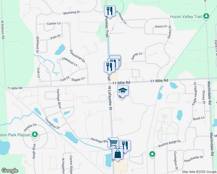 map of restaurants, bars, coffee shops, grocery stores, and more near 61173 Greenwood Drive in South Lyon
