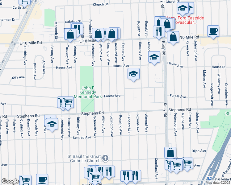 map of restaurants, bars, coffee shops, grocery stores, and more near 24519 Rosalind Avenue in Eastpointe