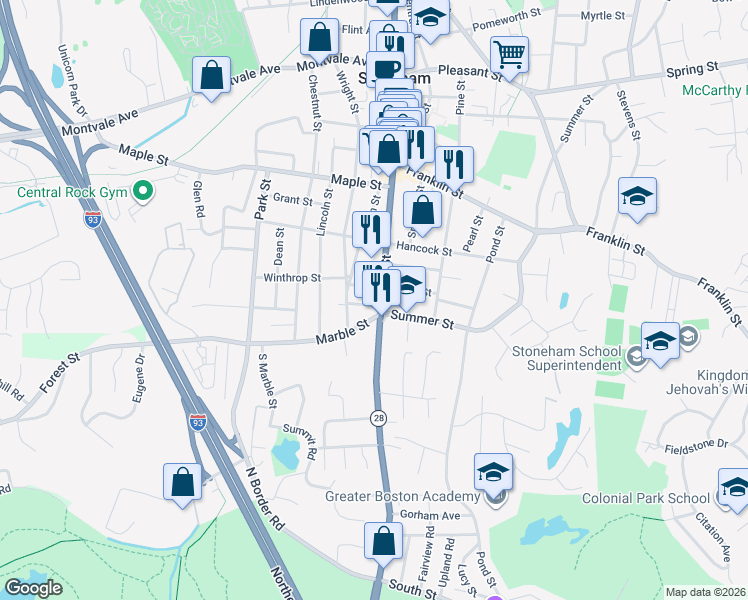 map of restaurants, bars, coffee shops, grocery stores, and more near 15 Marble Street in Stoneham