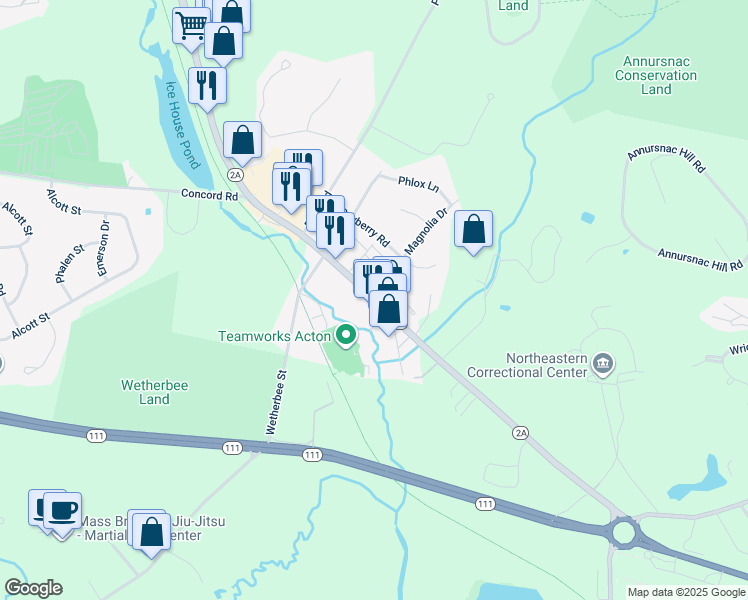 map of restaurants, bars, coffee shops, grocery stores, and more near 38 Great Road in Acton