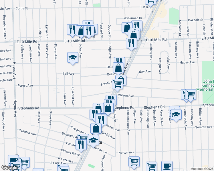 map of restaurants, bars, coffee shops, grocery stores, and more near 16213 Wilson Avenue in Eastpointe