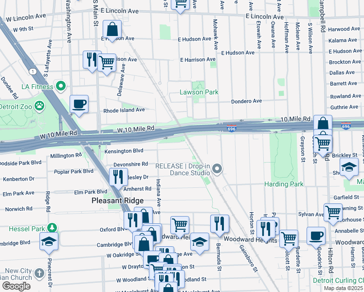 map of restaurants, bars, coffee shops, grocery stores, and more near 87 Kensington Boulevard in Pleasant Ridge