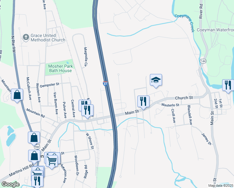 map of restaurants, bars, coffee shops, grocery stores, and more near 15 Willis Avenue in Ravena