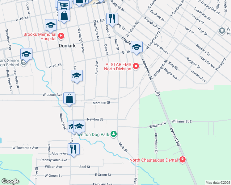 map of restaurants, bars, coffee shops, grocery stores, and more near 801 Main Street in Dunkirk