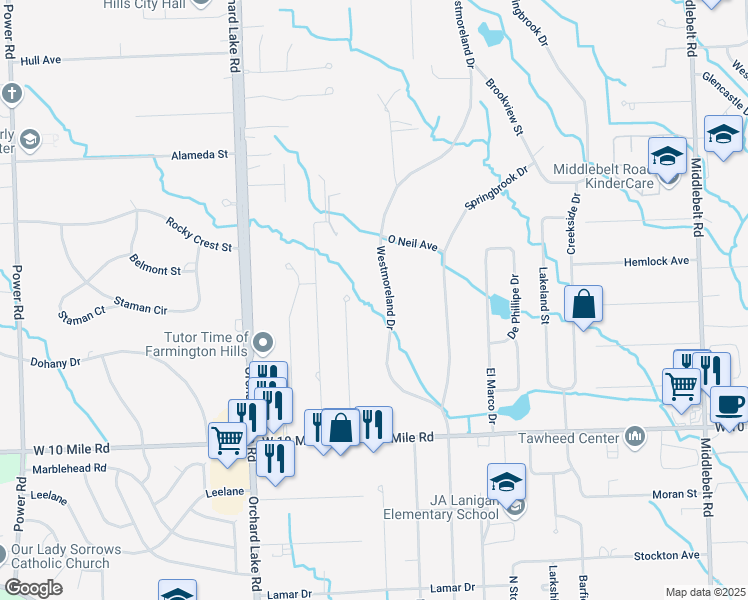map of restaurants, bars, coffee shops, grocery stores, and more near 24593 Westmoreland Drive in Farmington Hills