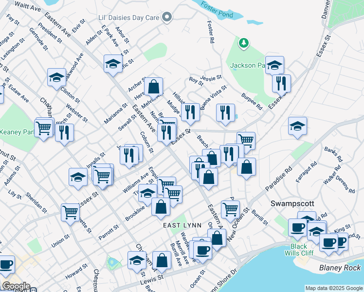 map of restaurants, bars, coffee shops, grocery stores, and more near 225 Eastern Avenue in Lynn