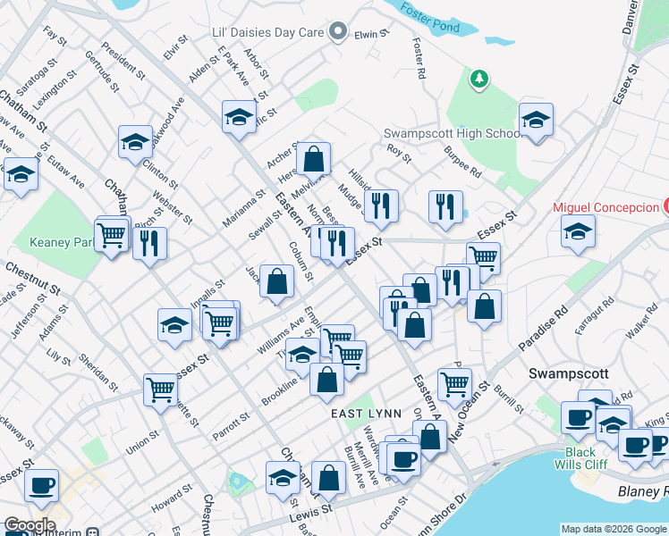 map of restaurants, bars, coffee shops, grocery stores, and more near 66 Essex Street in Lynn