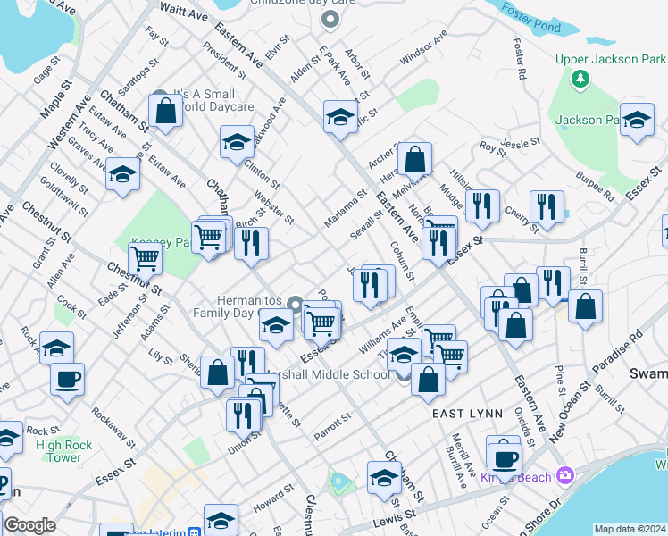 map of restaurants, bars, coffee shops, grocery stores, and more near 18 Ingalls Street in Lynn