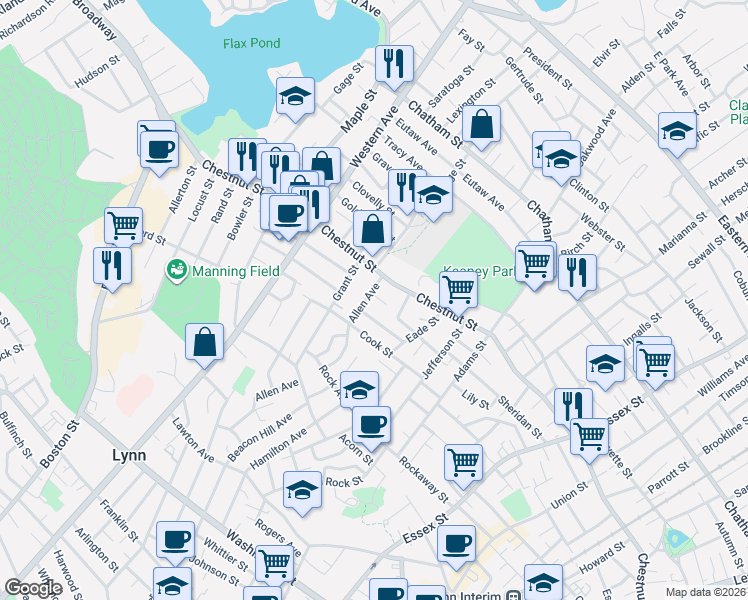 map of restaurants, bars, coffee shops, grocery stores, and more near 44 Allen Avenue in Lynn