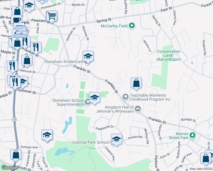 map of restaurants, bars, coffee shops, grocery stores, and more near 169R Franklin Street in Stoneham