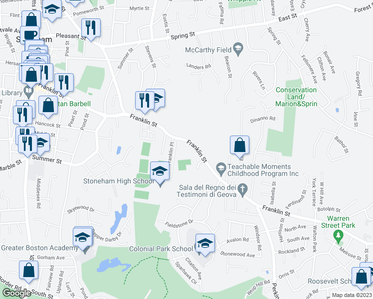 map of restaurants, bars, coffee shops, grocery stores, and more near 169R Franklin Street in Stoneham