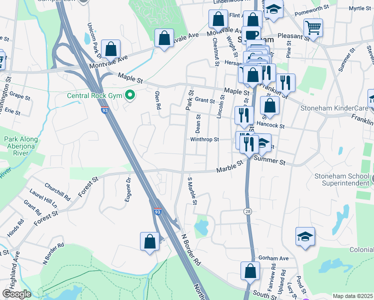 map of restaurants, bars, coffee shops, grocery stores, and more near 140 Park Street in Stoneham