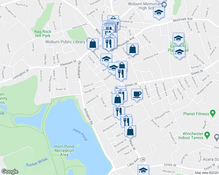 map of restaurants, bars, coffee shops, grocery stores, and more near 64 Warren Avenue in Woburn