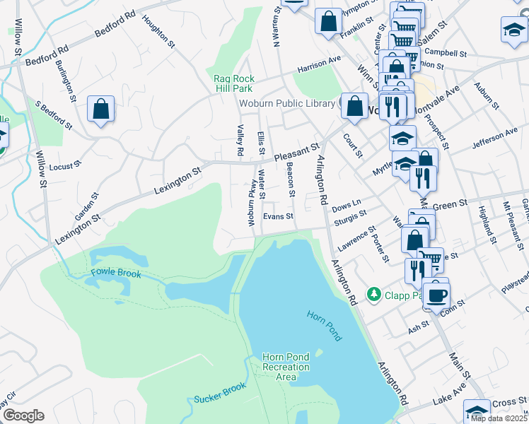 map of restaurants, bars, coffee shops, grocery stores, and more near 30 Water Street in Woburn