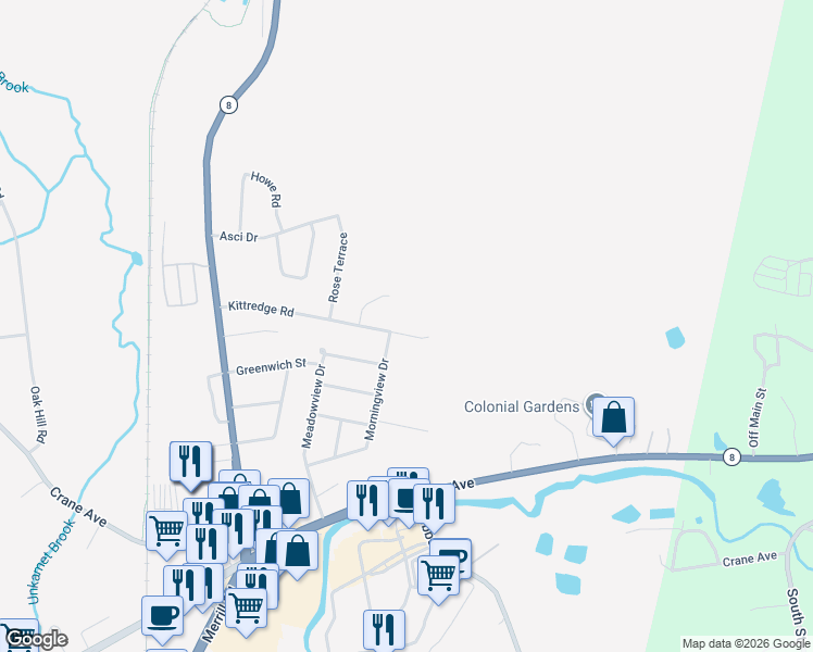 map of restaurants, bars, coffee shops, grocery stores, and more near 156 Kittredge Road in Pittsfield