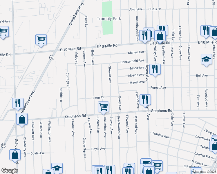 map of restaurants, bars, coffee shops, grocery stores, and more near 24366 Stewart Avenue in Warren