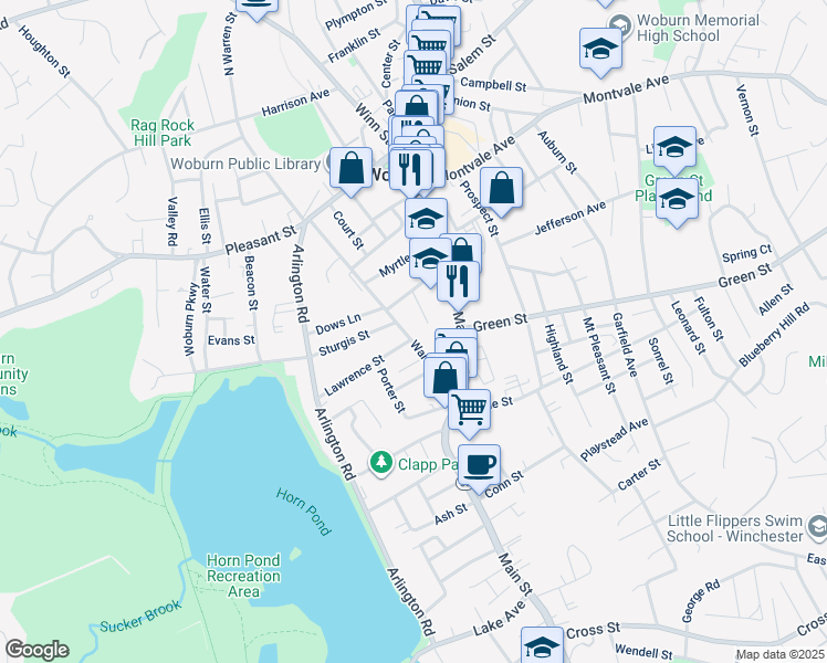 map of restaurants, bars, coffee shops, grocery stores, and more near 48 Warren Avenue in Woburn