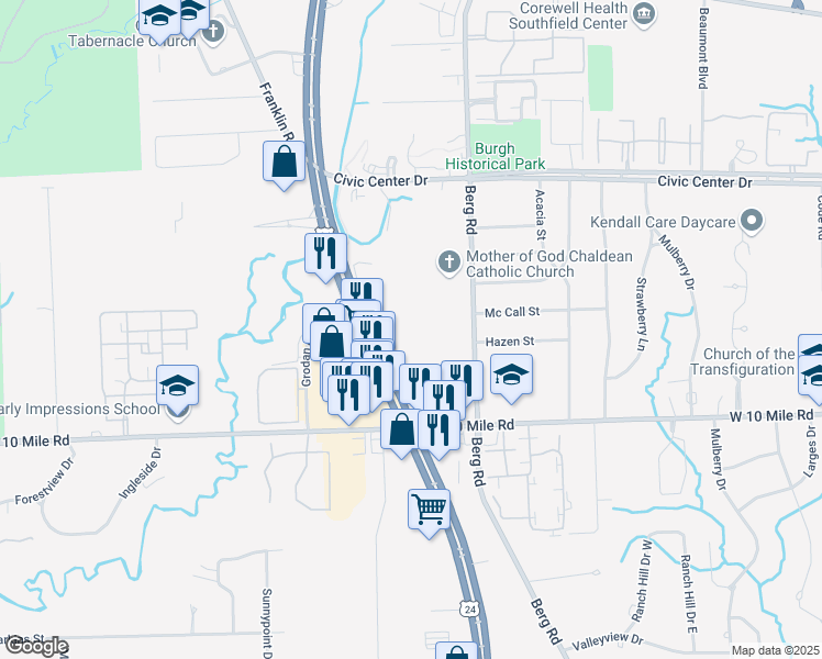 map of restaurants, bars, coffee shops, grocery stores, and more near 25300 Telegraph Road in Southfield