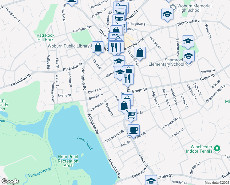 map of restaurants, bars, coffee shops, grocery stores, and more near 48 Warren Avenue in Woburn