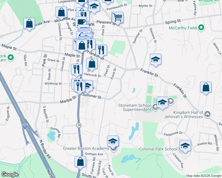 map of restaurants, bars, coffee shops, grocery stores, and more near 74 Summer Street in Stoneham