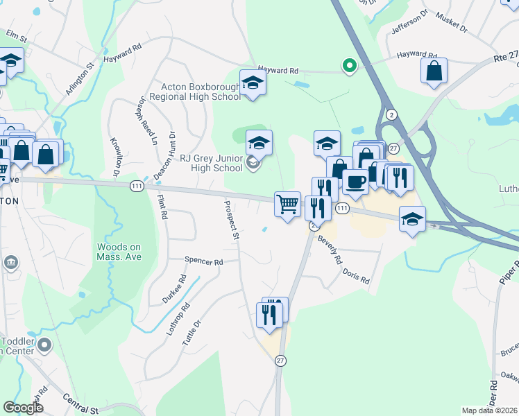map of restaurants, bars, coffee shops, grocery stores, and more near 446 Massachusetts 111 in Acton